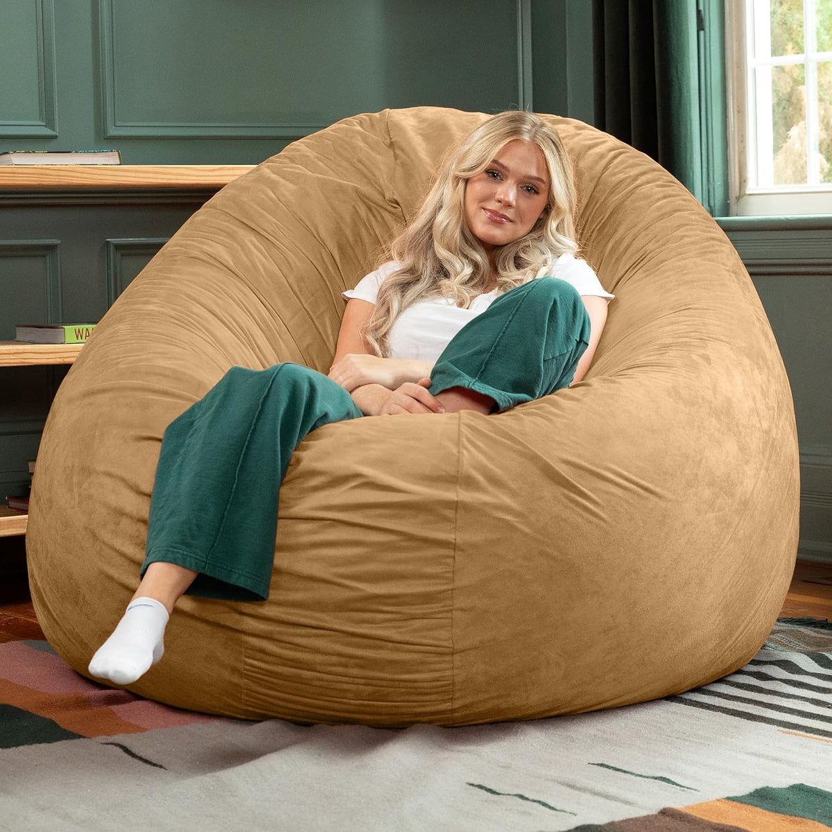 Jaxx 6 Foot Cocoon - 2-in-1 Convertible Bean Bag Bed & Large Bean Bag Chair for Adults, Camel