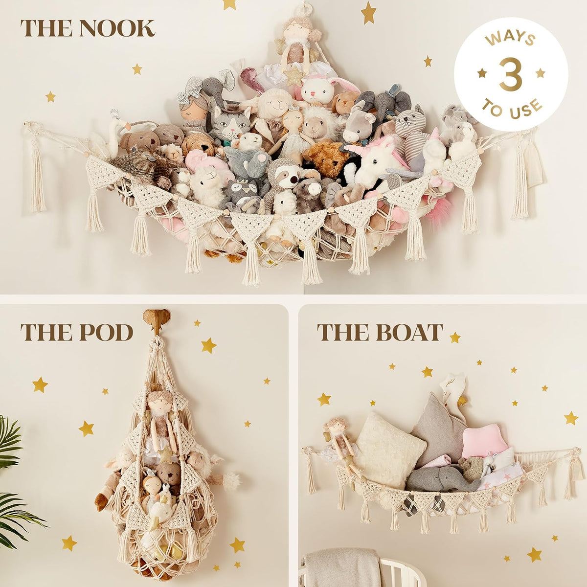 Stuffed Animal Hammock Corner | Sturdy Handcrafted Stuffed Animal Net | 4mm Double Macrame Cord Stuffed Animal Holder | Natural 100% Cotton Plushie Net | Toy Hammock w/LED Light (Ice Cream)