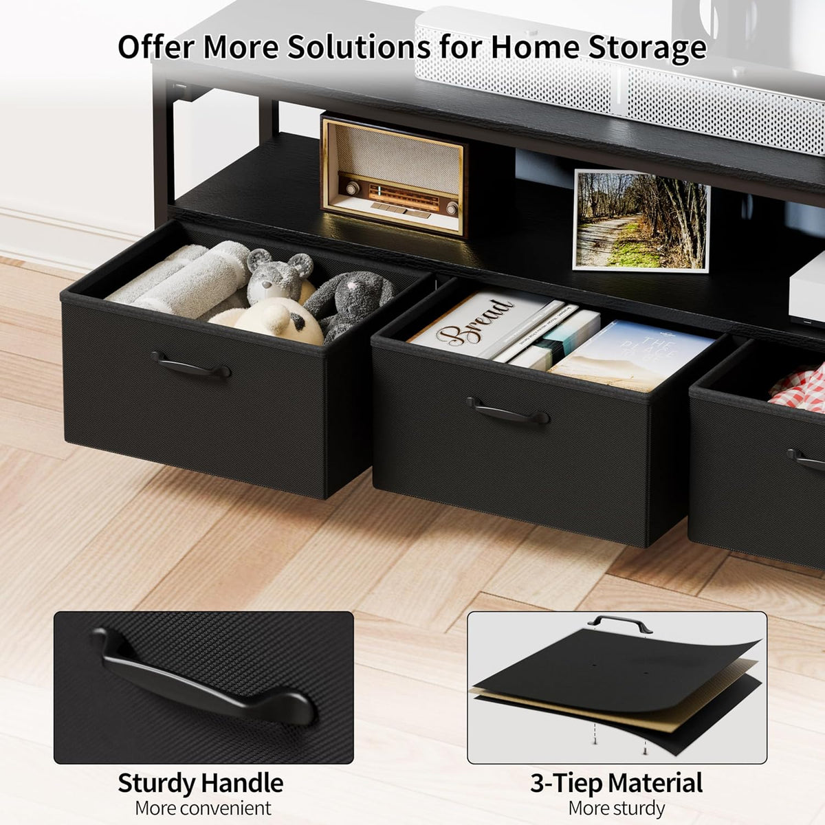 JUSTOGO TV Stand with Mount and Power Outlet, TV Stand Mount with Storage for Living Room, Entertainment Center with LED Lights for 45/55/60/65 inch, Height Adjustable Media Console, Black