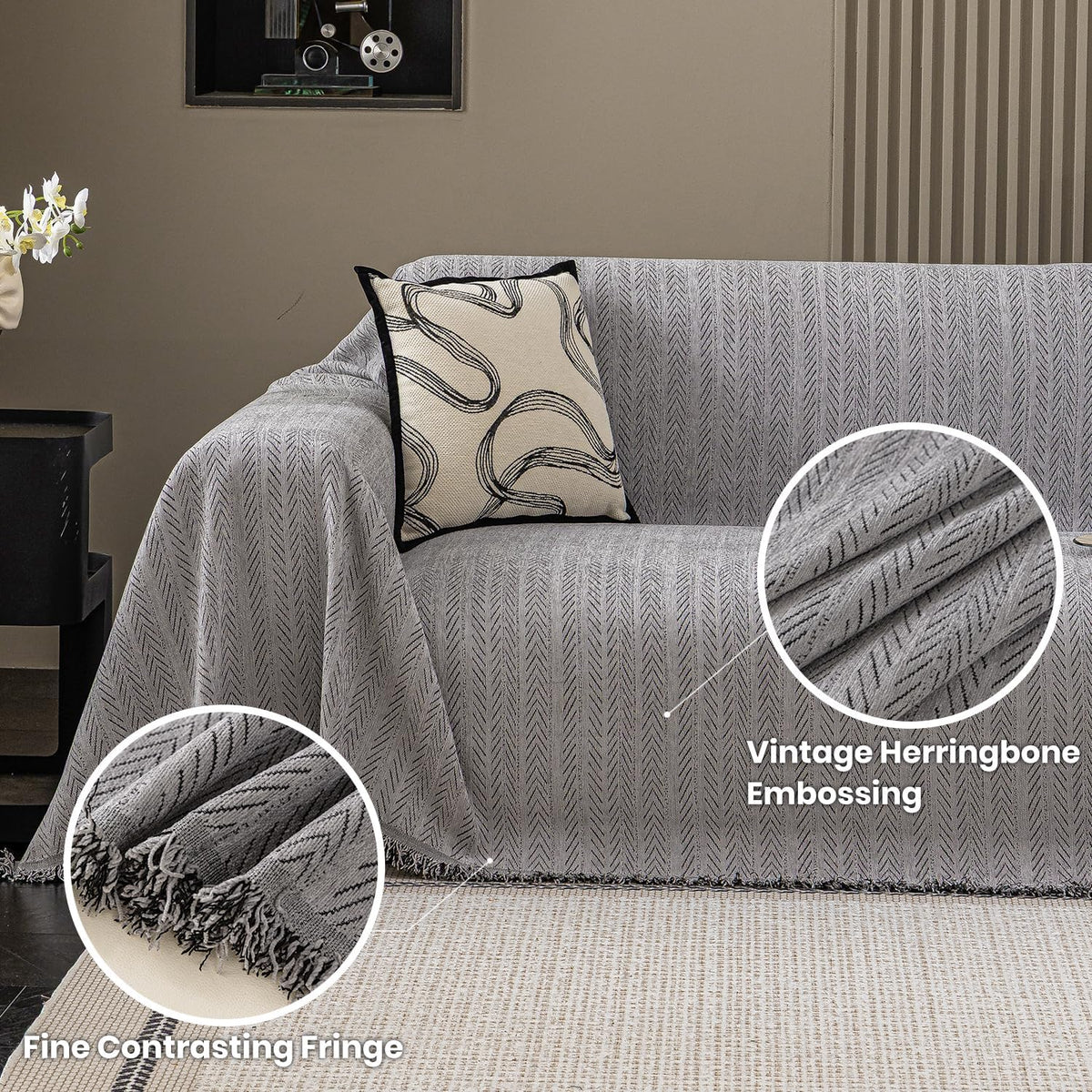 Nobildonna Sofa Cover Washable Soft Thicken Chenille Couch Cover with Tassel,Waterproof Sofa Slipcovers for 2 Cushion Couch,Loveseat,Futon Couch Furniture Protector Pet-Friendly,Gray 71"x102"