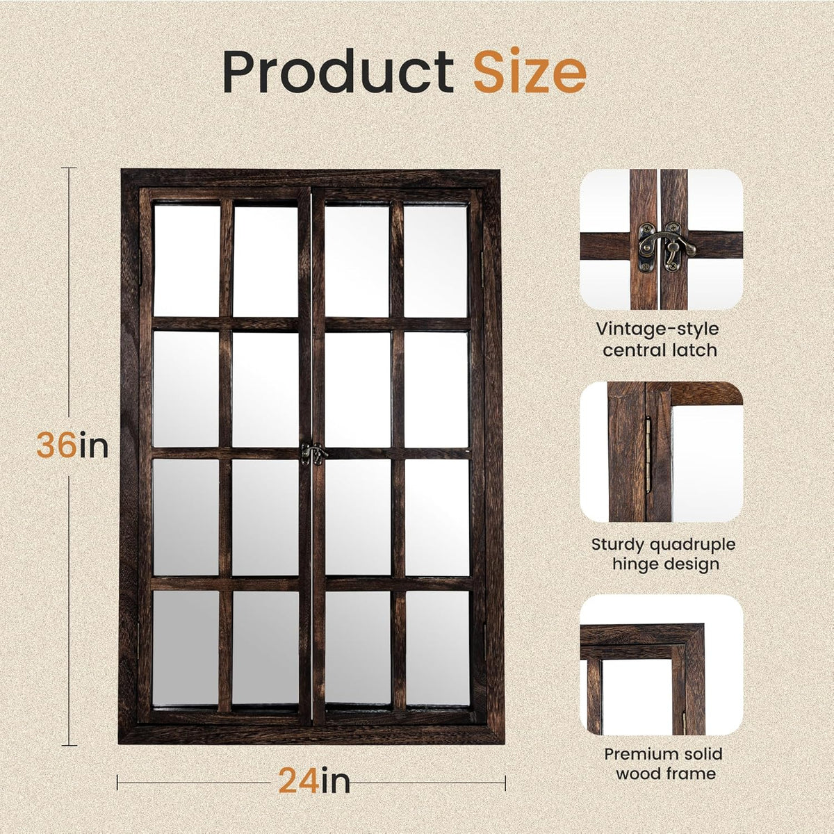 Wall Mirror with Window Design, 36"x24" Rustic Farmhouse Wood Mirror for Wall Decor, Decorative Vintage Mirror for Living Room, Bedroom, Entryway