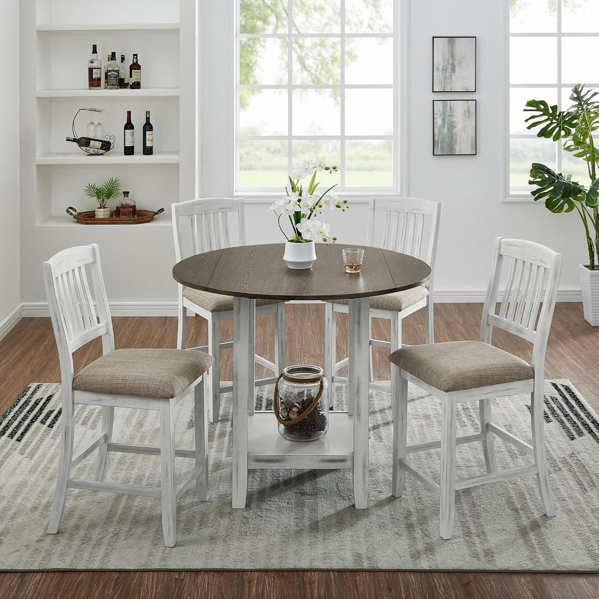 Ball & Cast 5 Pieces Dining Table Set with 4 Chairs and 42" Round Drop Leaf Dining Table,Kitchen Table and Chairs for 4 W/Trestle Table Base,for Small Space,Apartment,Dining Room,Brown White