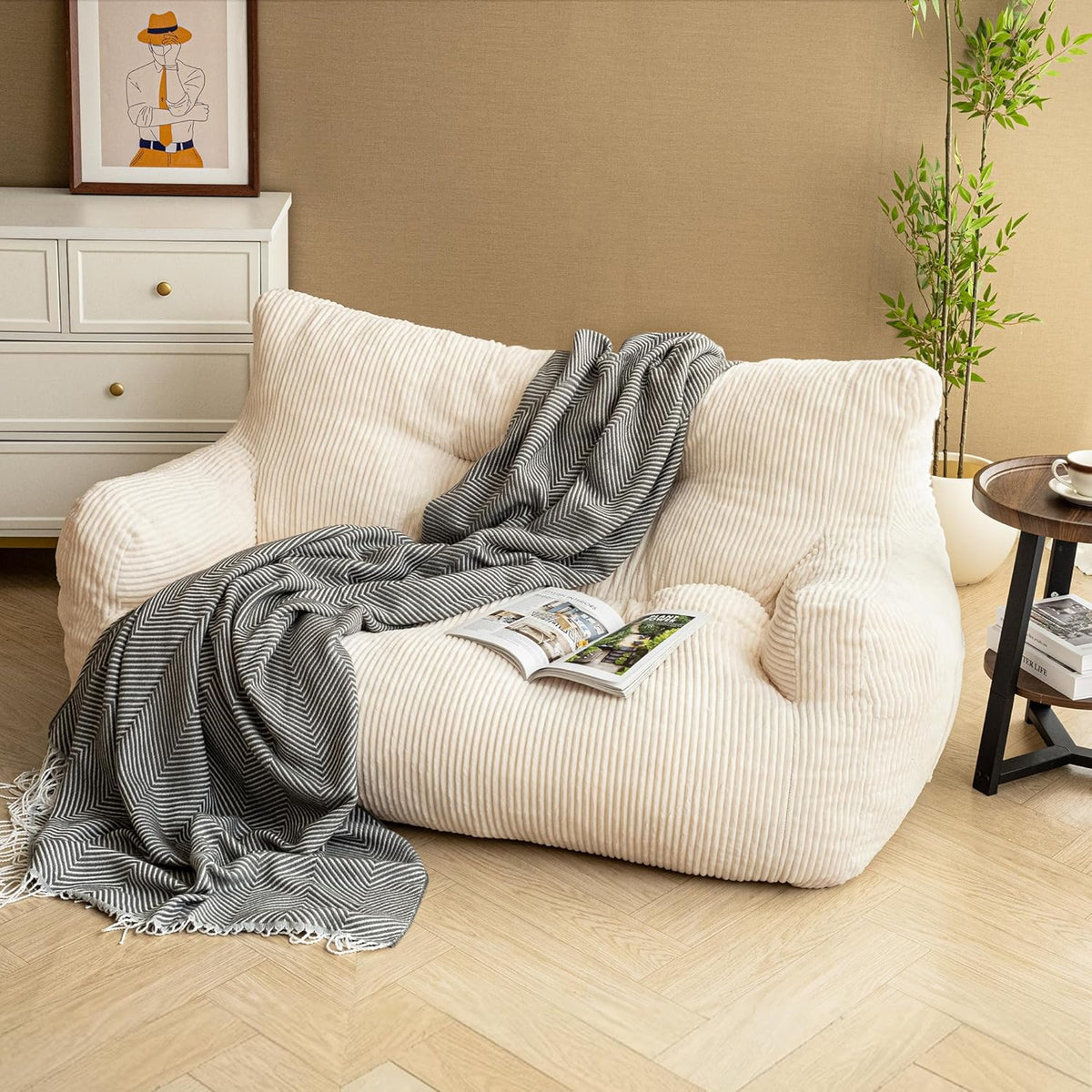 Pamapic Bean Bag Chair,2 Seat Loveseat Sofa,Ultra Soft Dutch Velvet,Fluffy Comfort Washable Cover,Corduroy Lazy Sofa Bed for Adults,Fit Living Room, Bedroom,Outdoor Spaces,White