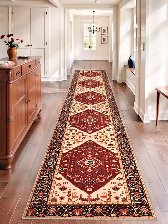SERISSA Runner Rug for Hallways, Extra Long Boho Rug Ultra Soft Vintage Red