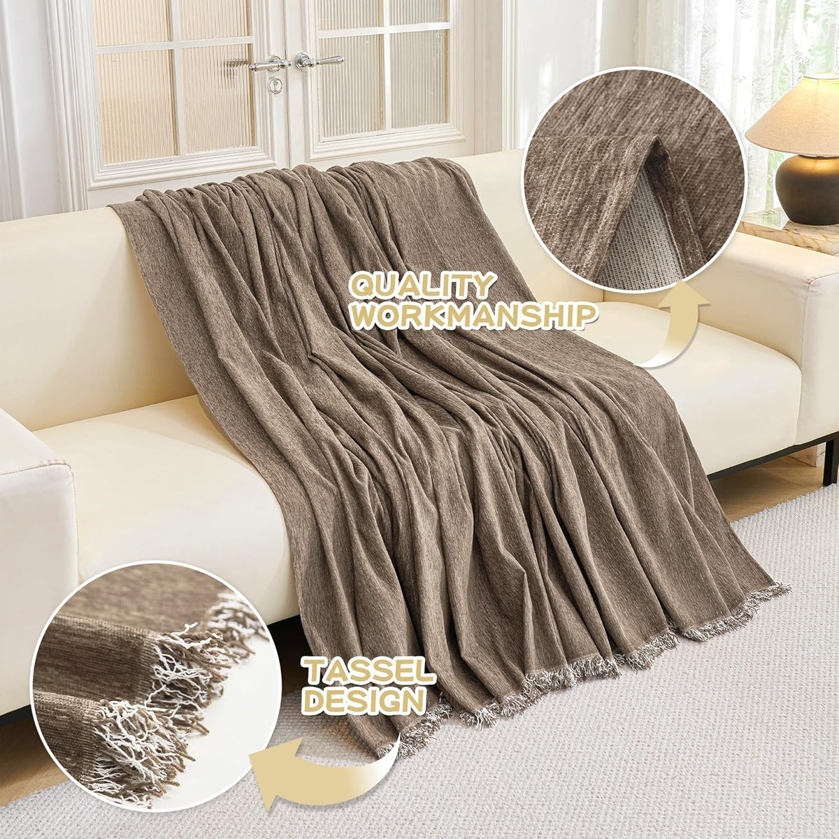 MYSKY HOME Couch Cover for Sofa Couch Covers for Pets, Non Slip Dogs Furniture Protector with Tassels for Living Room Non Slip Washable Furniture Protector Cover for Pet, Cat, 91"x118", Sand