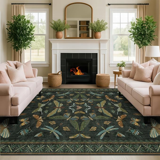6x8 Dark Green Washable Dining Room Rug