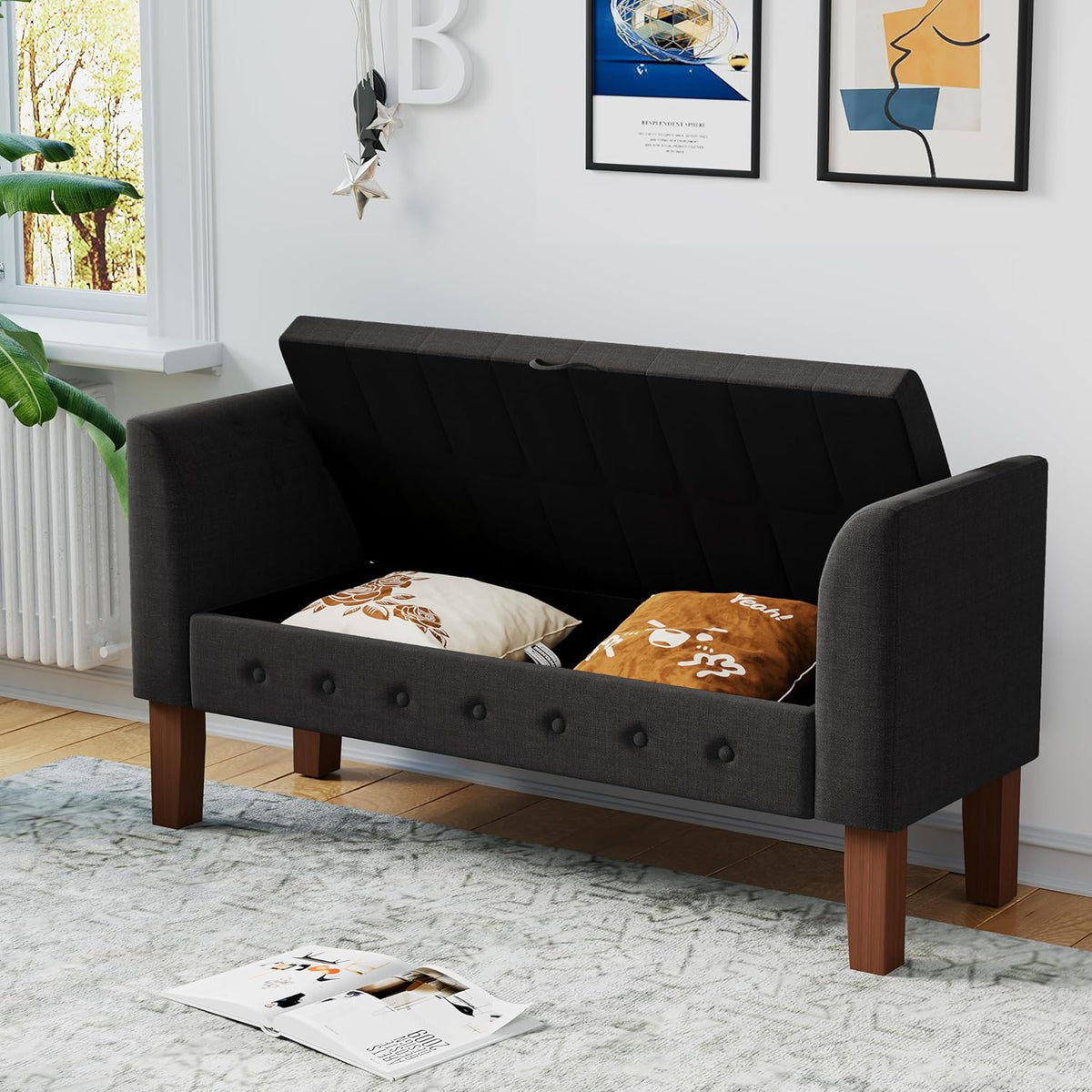 Awonde Storage Bench for Bedroom End of Bed Button Tufted Upholstered Bench Storage Ottoman Bench with Arms 52" Settee Bench Gray Linen