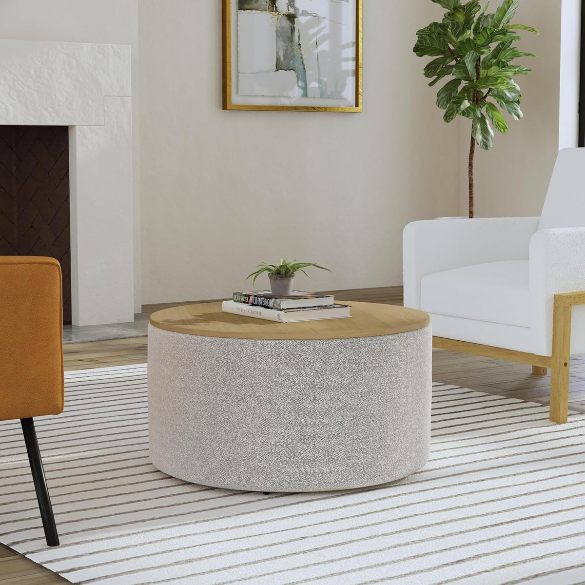 HomePop Modern Fabric Storage Ottoman with Wood Top -White Cream Boucle with Gray Yarn