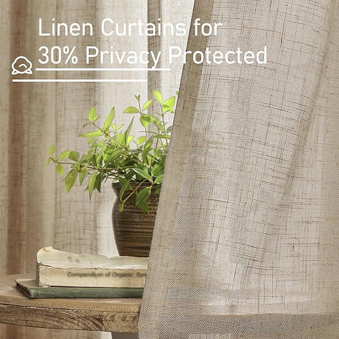 LAMIT Linen Curtains 60 Inch Length 2 Panels, Light Filtering Panels Back Tab