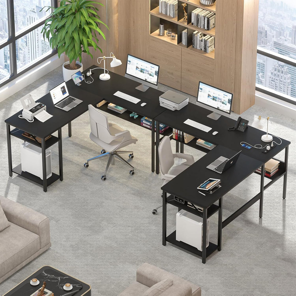Reversible L Shaped Computer Desk with Power Outlets and USB Charging Ports, Sturdy Corner Desk with Storage Shelf, Modern Work Gaming Table for Home Office, Easy to Assemble, Black