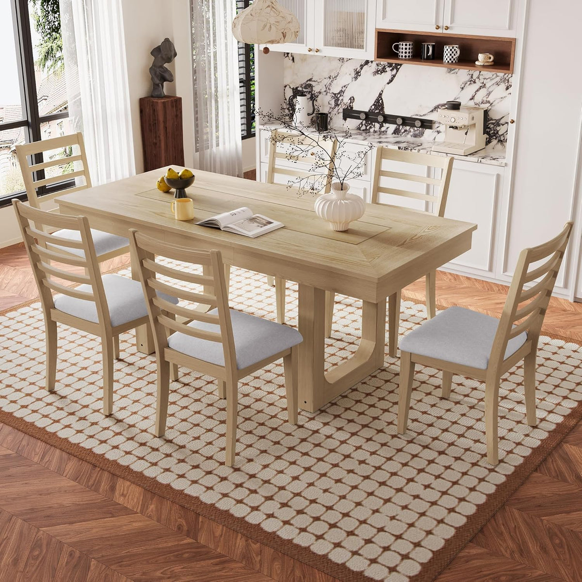Merax 7 Piece Extendable Wooden Dining Table Set, Farmhouse Extendable with 18" Move Leaf, 78" Rustic and 6 Upholstered Chairs for Kitchen Room, Natural