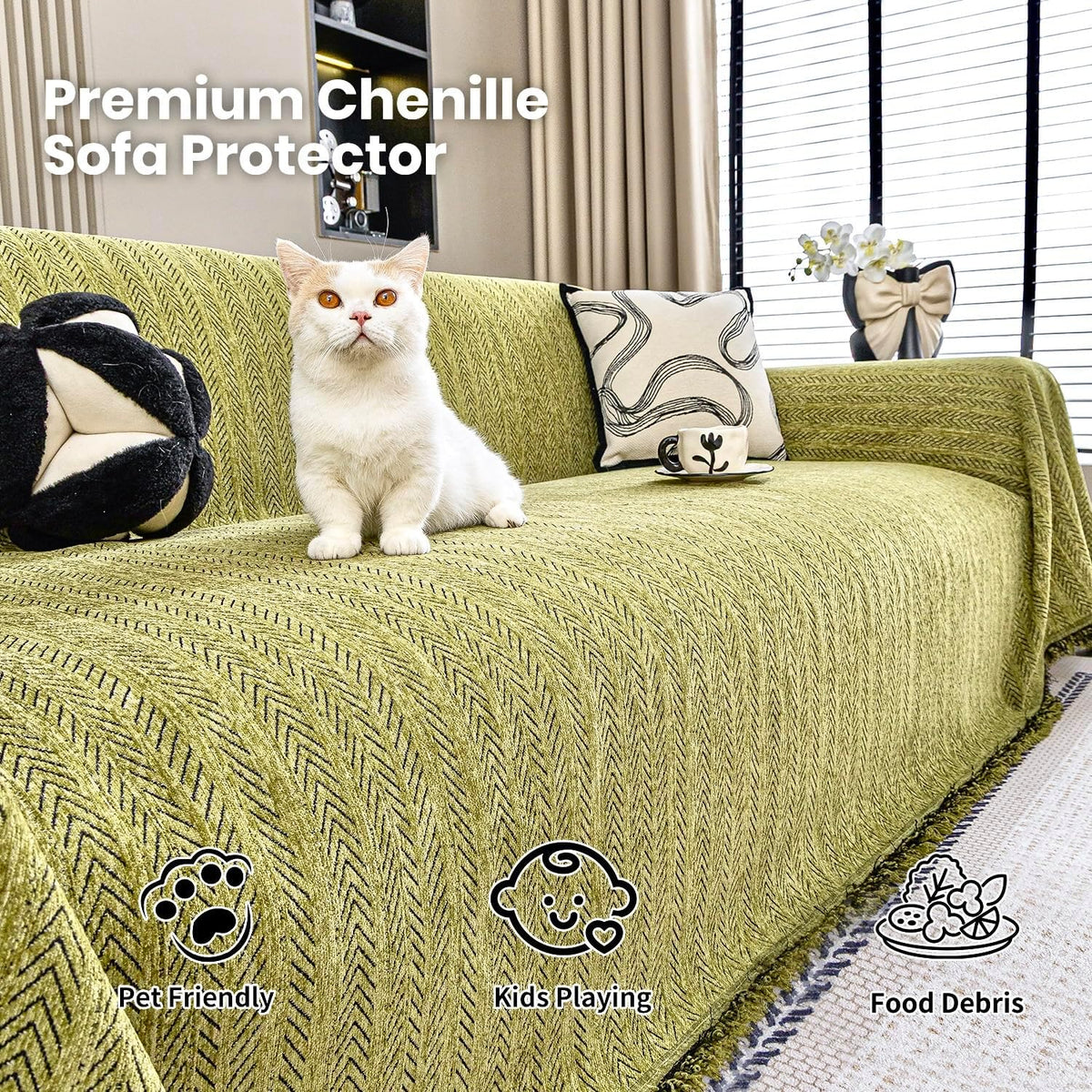 Nobildonna Sofa Chair Cover Waterproof Soft Thicken Chenille Cushion Couch Cover with Tassels,Washable Sofa Slipcovers for Armchair Recliner Sectional Furniture Protector, Green 71"x71"