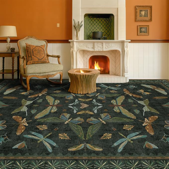 6x8 Dark Green Washable Dining Room Rug