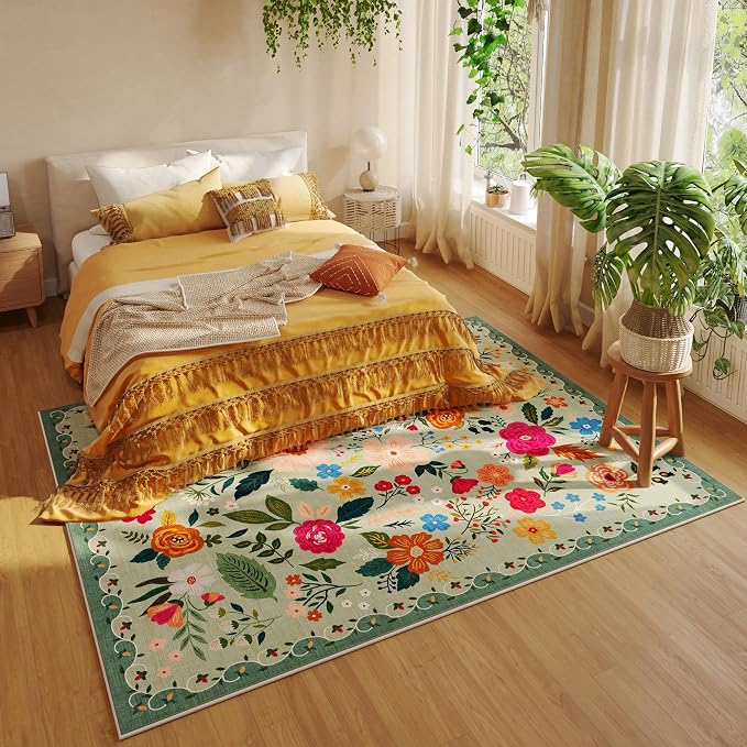 Rugcomf Living Room Rug 6x9 Rug Machine Washable Boho Area Rug Non Slip Floral