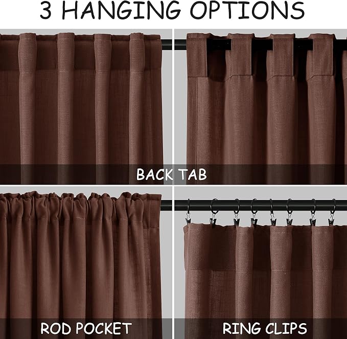 Rustic Brown Linen Curtains 84 Inch Length 2 Panels Set
