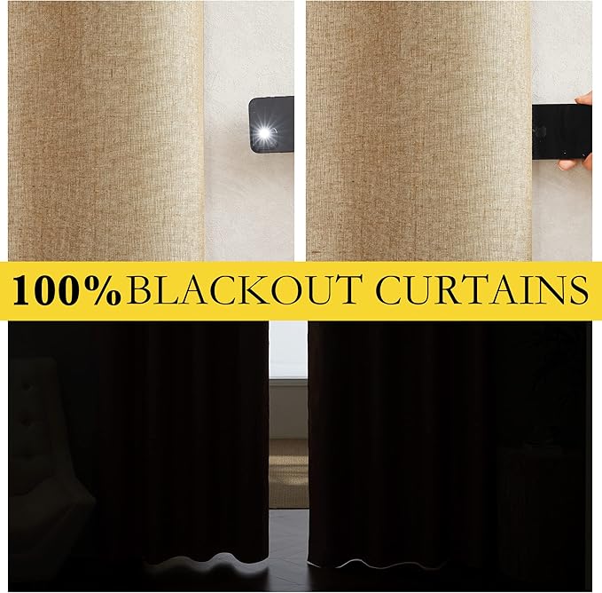 NICETOWN 100% Blackout Camel Linen Curtains 95 inches Length