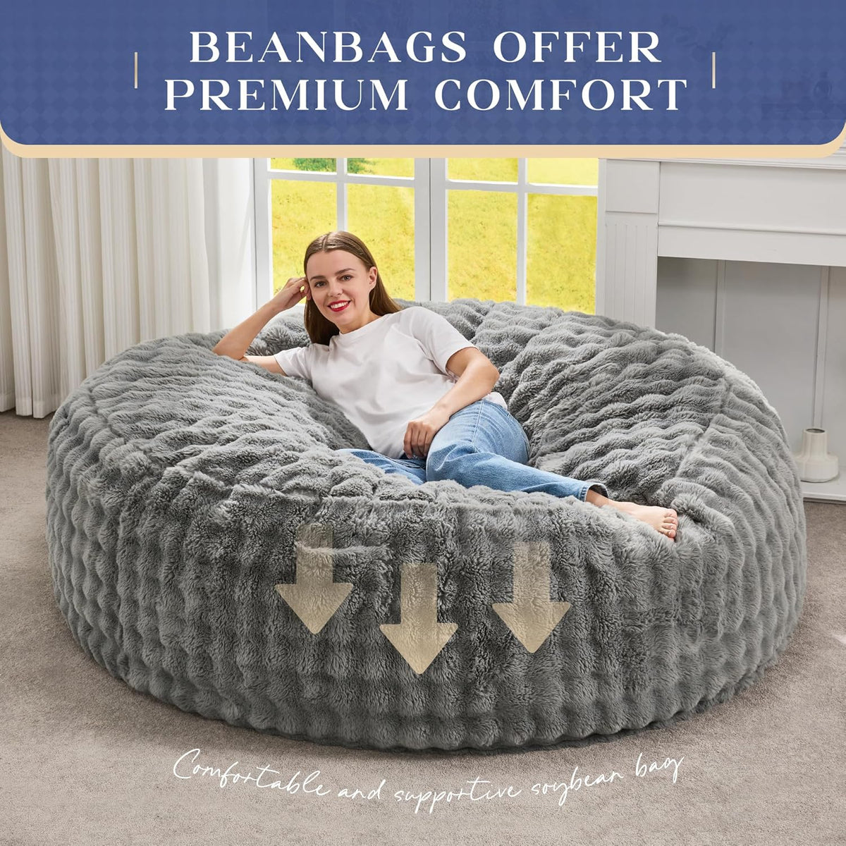 Hobestluk Bean Bag Chairs 6ft Beanbag Chair with Filler Adult Bean Bags with Fluffy & Machine Washable Cover, Giant Bean Bag Chairs for Adults (Grey, 6FT-70" x 70" x 15")