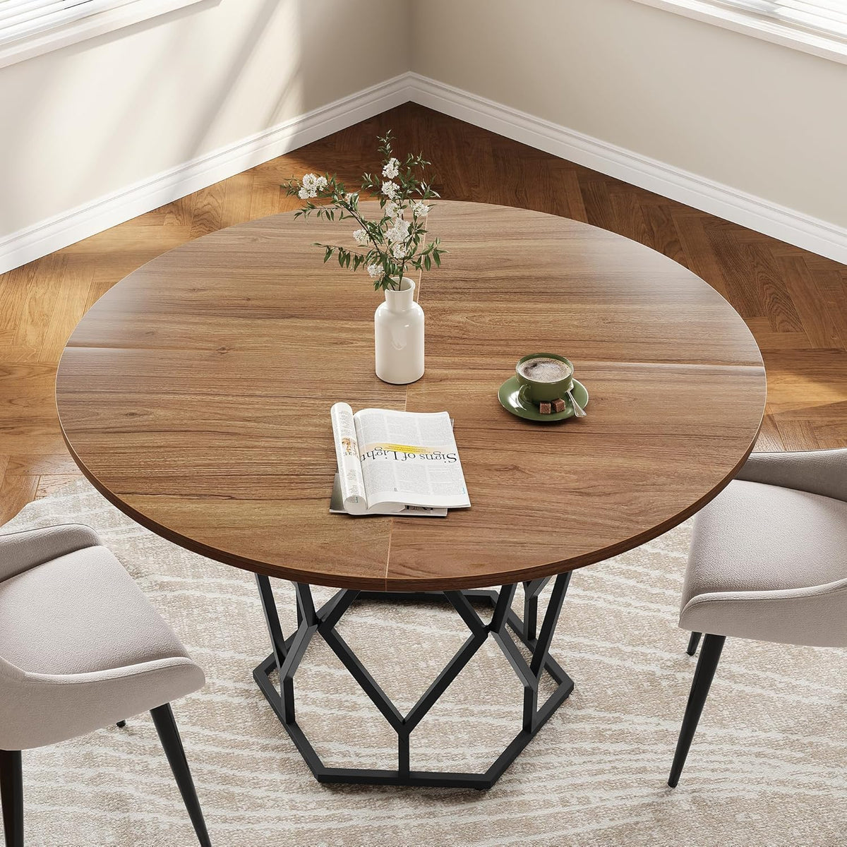 GarveeHome Round Dining Table for 4-6 People, 47 Inch Farmhouse Kitchen Table, Sturdy Metal Base, Industrial Wood Dinning Room Table for Kitchen, Brown