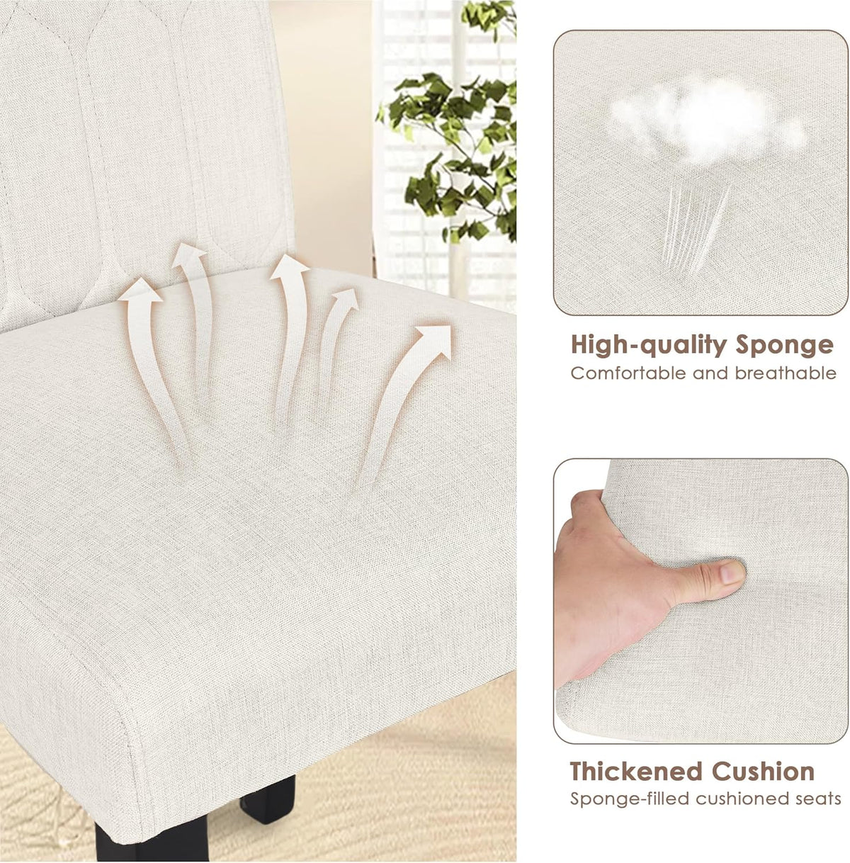 VECELO Upholstered Dining Chairs Set of 2, Modern Accent Parsons with Comfort Seat, Solid Wood Legs w/Rubber Footpads, for Living Room Kitchen, Beige