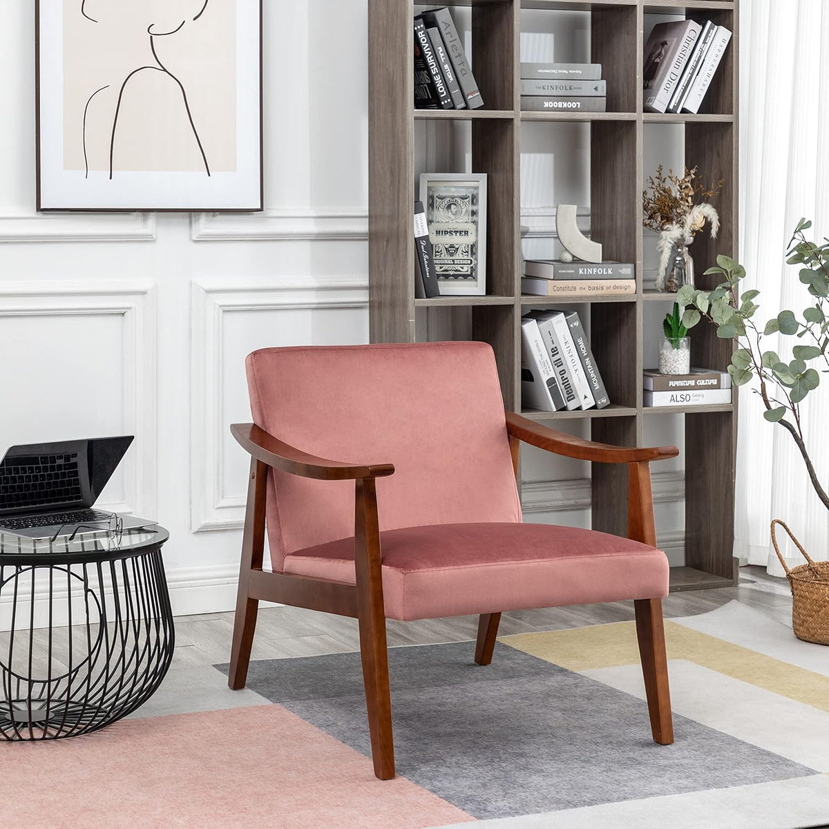 Container Furniture Direct Accent Chair with Velvet Upholstery and Solid Wood Frame, Classic Mid-Century Modern Living Room Furniture for Extra Seating, Rose