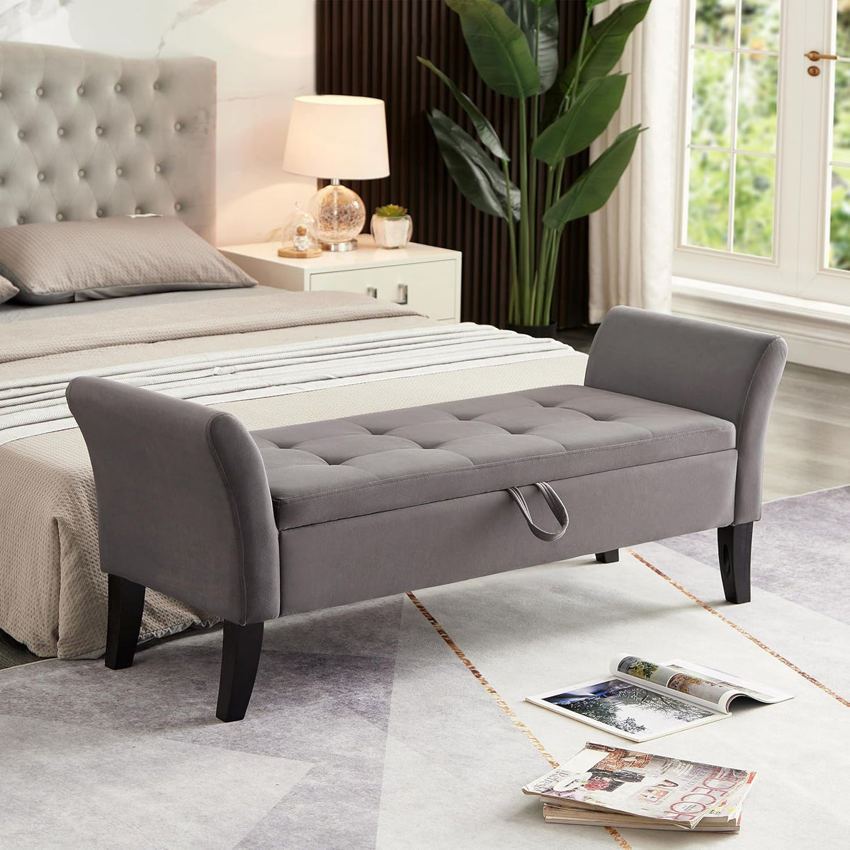 Furniliving 51” Bedroom Bench, End of Bed Bench with Button-Tufted Large Upholstered Storage Bench Ottoman Velvet Window Bench with Storage Shoe Cabinet Bench, for Bedroom, Entryway, Closet, Grey