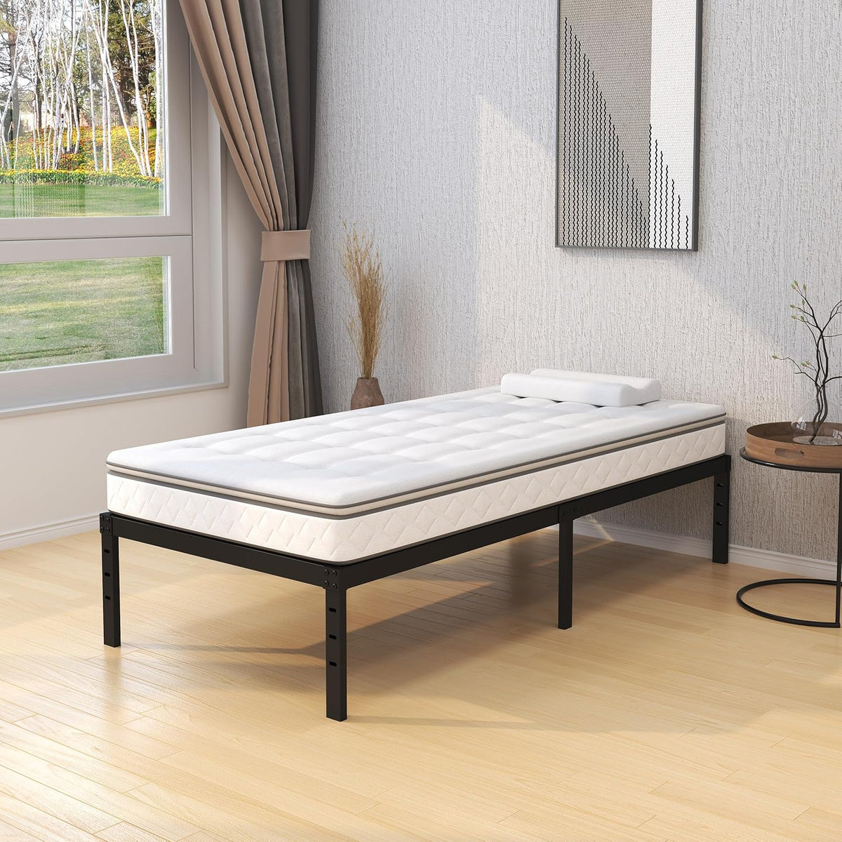 18 Inch Twin Bed Frames No Box Spring Need, Metal Platform Bed Frame Twin Size with High Storage, Eassy Assembly 2,500 Lbs Heavy Duty Bedframes, Black
