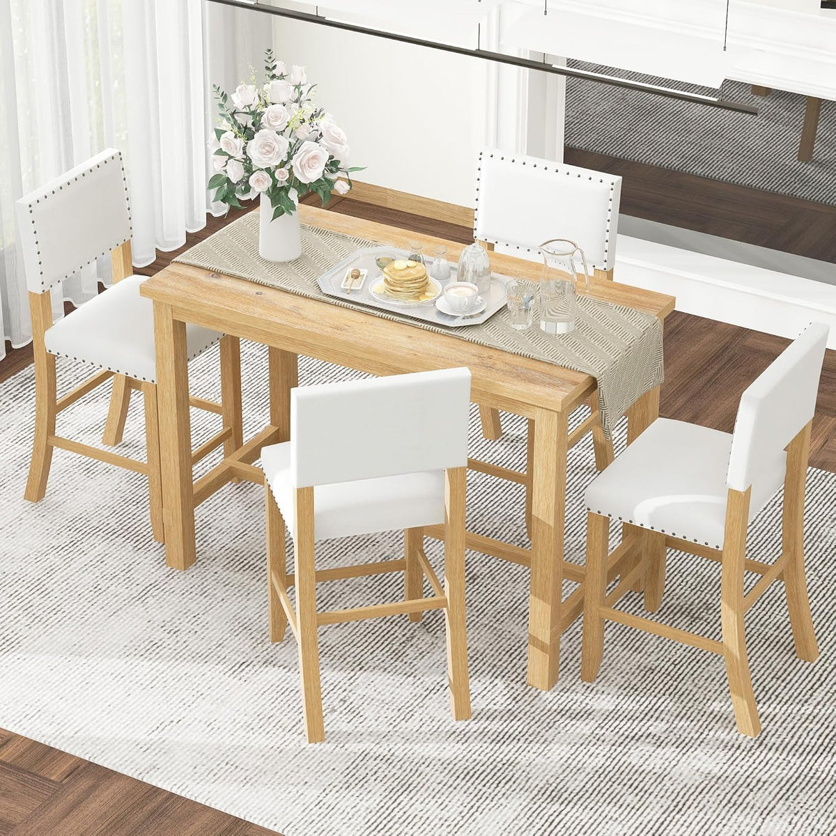 Ball & Cast 5 Piece Wood Dining Table Set with 4 Upholstered Chairs,Kitchen Table and Chairs for 4 W/ 52" Rectangle Desk,for Restaurant,Home Bistro,Natural Wood Wash