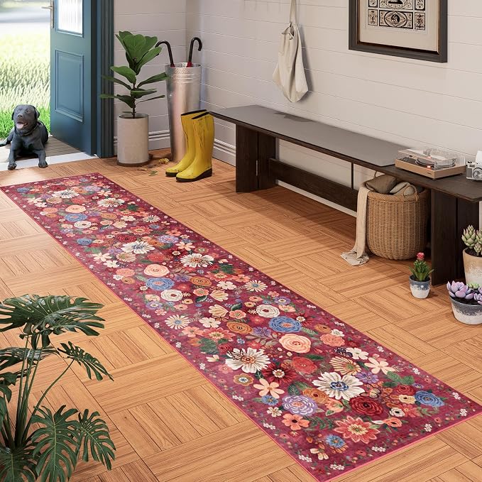 Floral Hallway Runner Carpet Non-Slip, 2x10 Washable Rug Ultra-Thin Soft