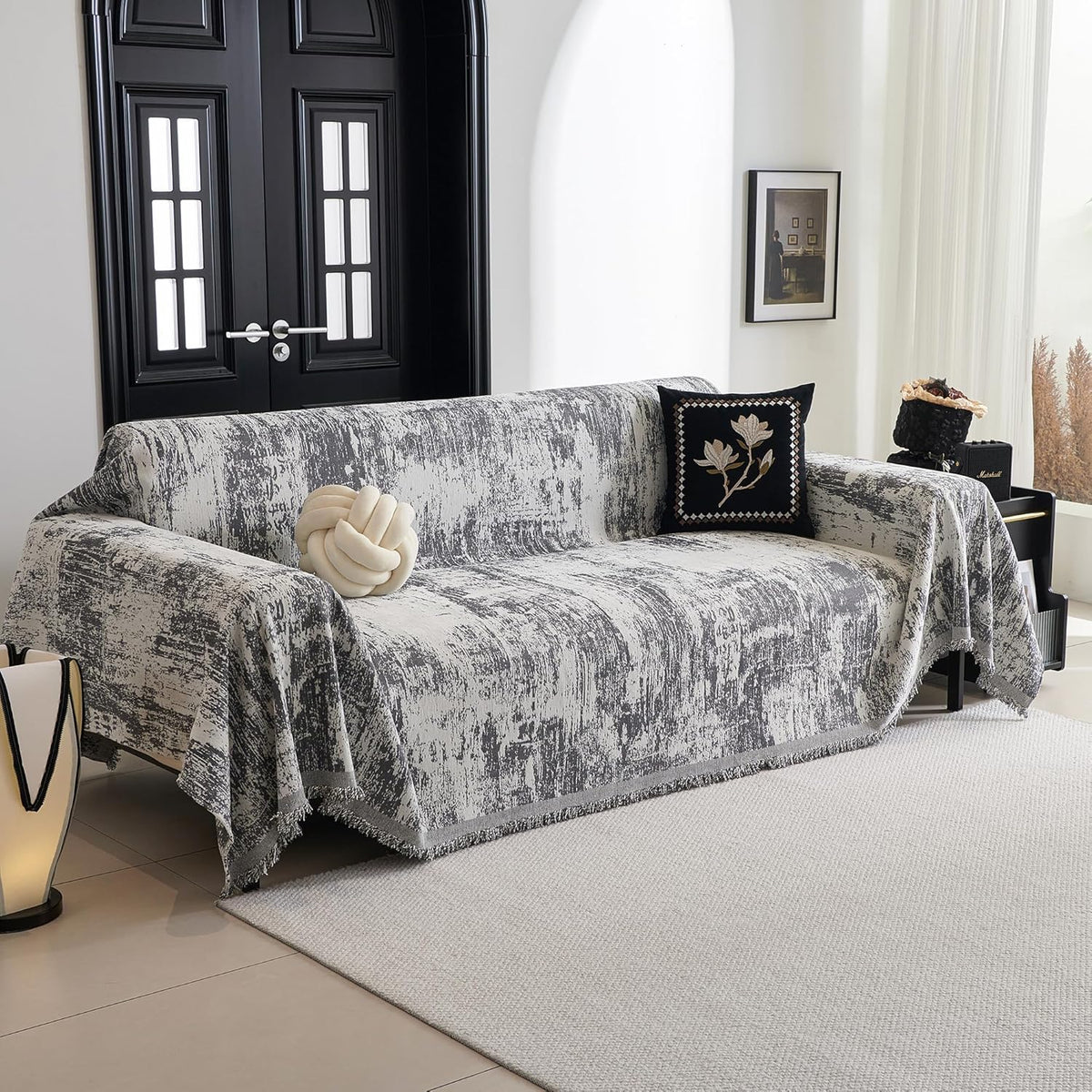 MYSKY HOME Sectional Couch Cover Deep Grey Abstract Geometric Sofa Covers for Sectional Sofa L Shape Chenille Couch Protector for Dogs Pets Couch Throw Cover Washable Durable for Home Decor, 71" X118"