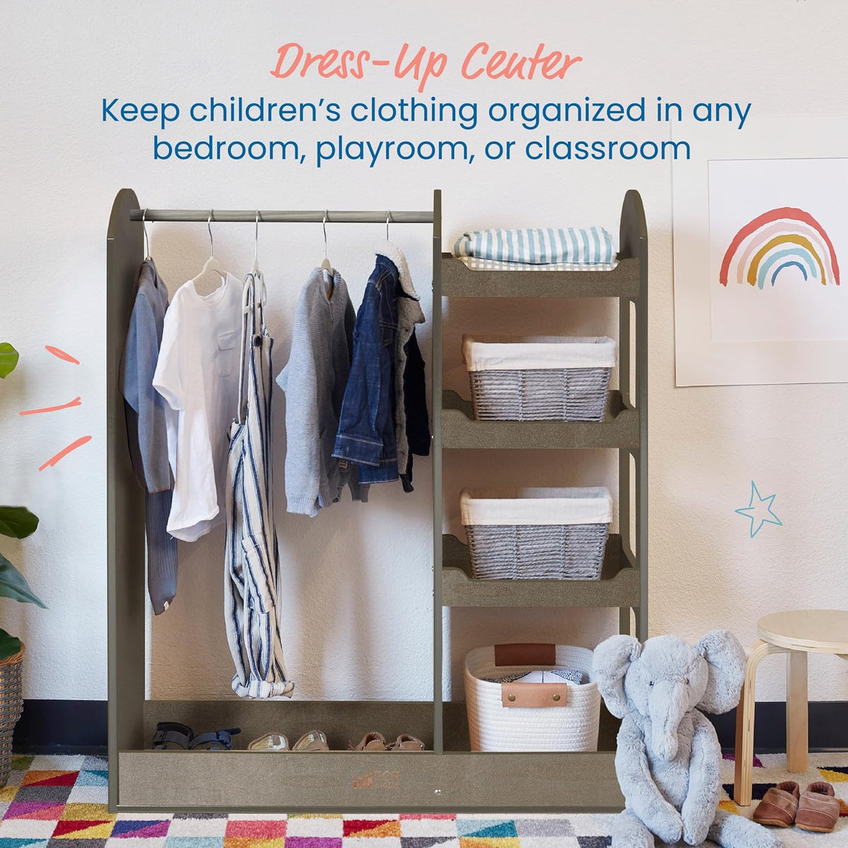 ECR4Kids Dress Up Center with Mirror, Costume Organizer, Grey Wash