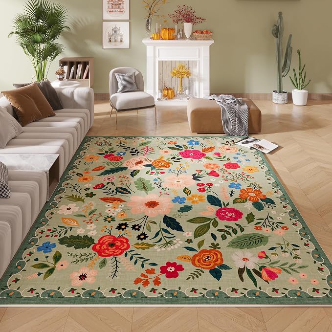 Rugcomf Living Room Rug 6x9 Rug Machine Washable Boho Area Rug Non Slip Floral