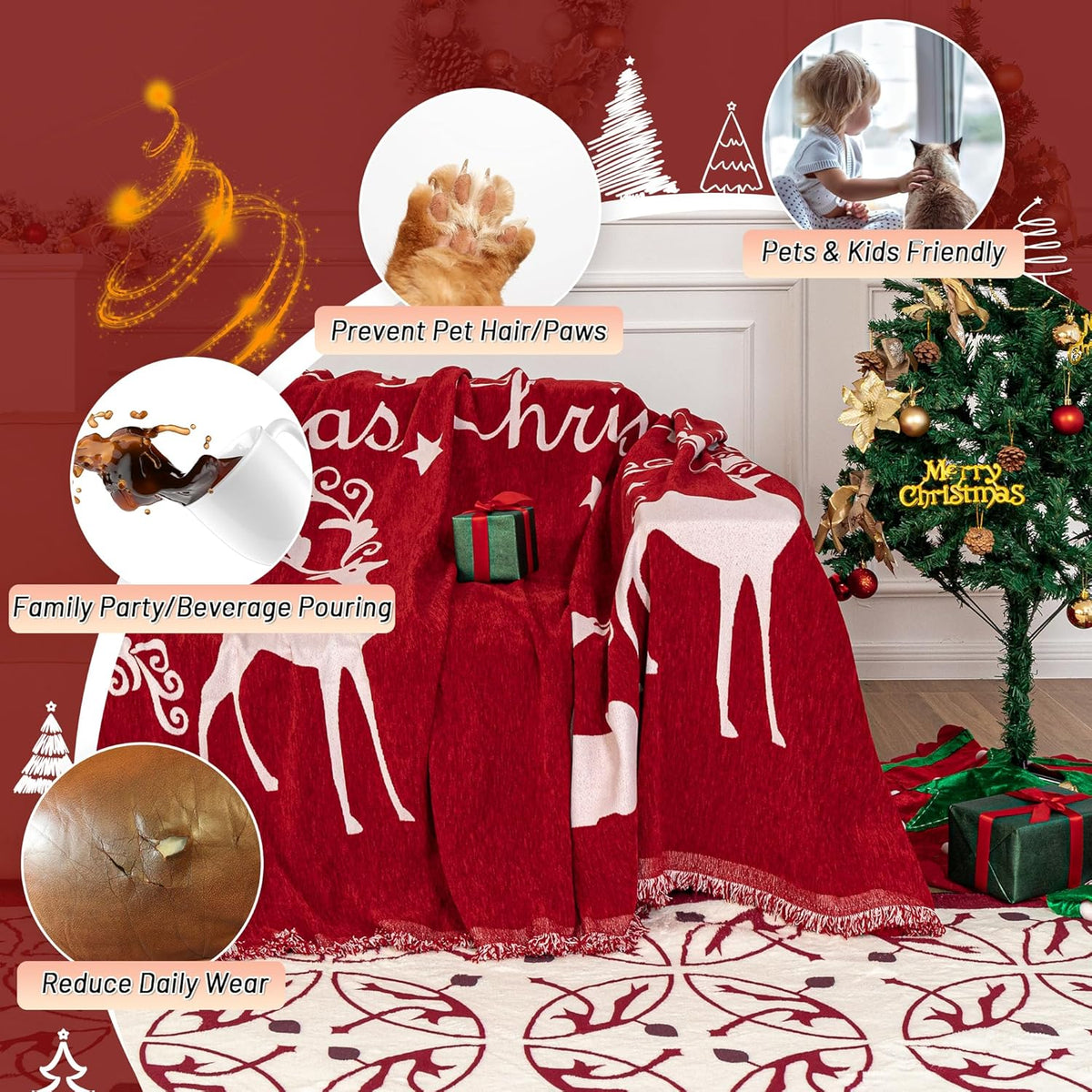 MYSKY HOME Christmas Couch Cover for Sofa Couch Covers for Pets, Non Slip Dogs Furniture Protector with Tassels for Living Room Non Slip Washable Furniture Protector Cover for Pet, Cat, 71"x118", Red