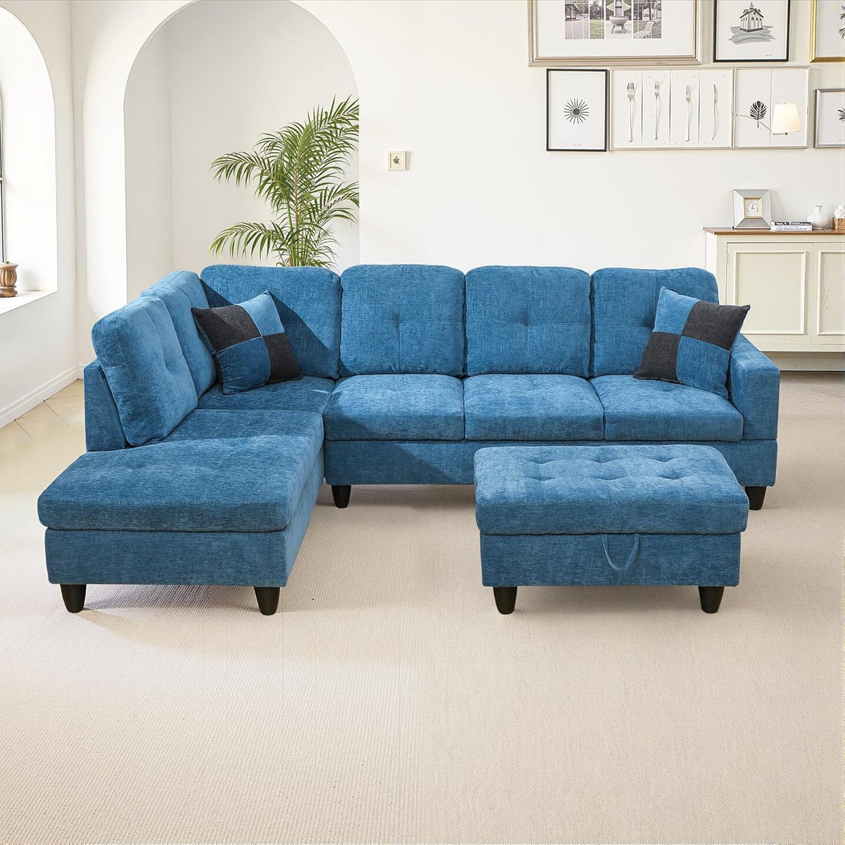 Osparple L Shaped Couch Sectional Couches for Living Room Upholstered Flannel 3 Pieces Modular Sectional Sofa with Chaise, Ottoman with Storage for Living Room and Small Apartment, Steel Blue