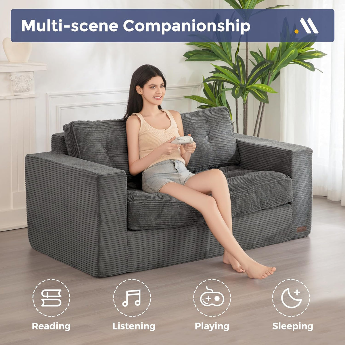 MAXYOYO Bean Bag Chair for Adults, Upholstered Floor Sofa with Armrests, Loveseat Boneless Couch with Tufted Cushion & Backrest, Sofa in A Box, Large Bean Bag Couch for Bedroom Living Room, Dark Grey