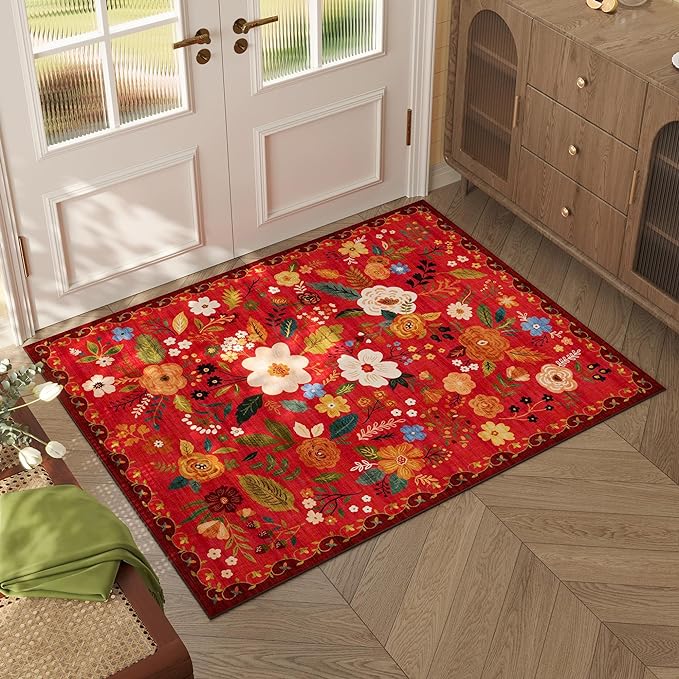 Rugcomf Door Mat Indoor Entrance 2x3 Rug Machine Washable Boho Floral Small