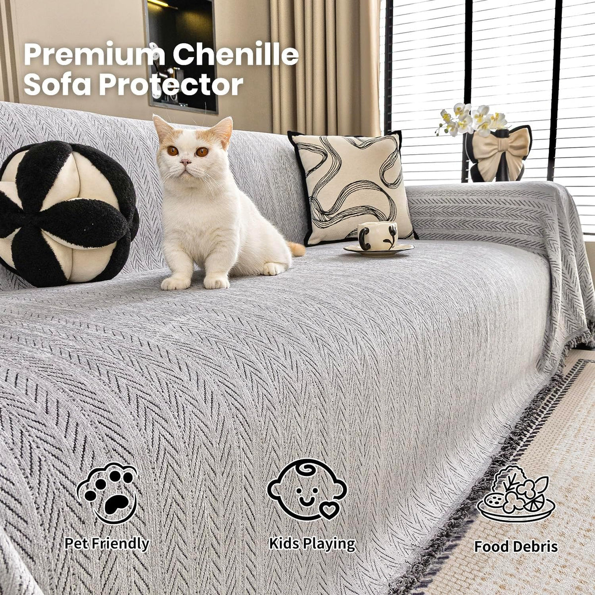 Nobildonna Sofa Cover Washable Soft Thicken Chenille Couch Cover with Tassel,Waterproof Sofa Slipcovers for 2 Cushion Couch,Loveseat,Futon Couch Furniture Protector Pet-Friendly,Gray 71"x102"