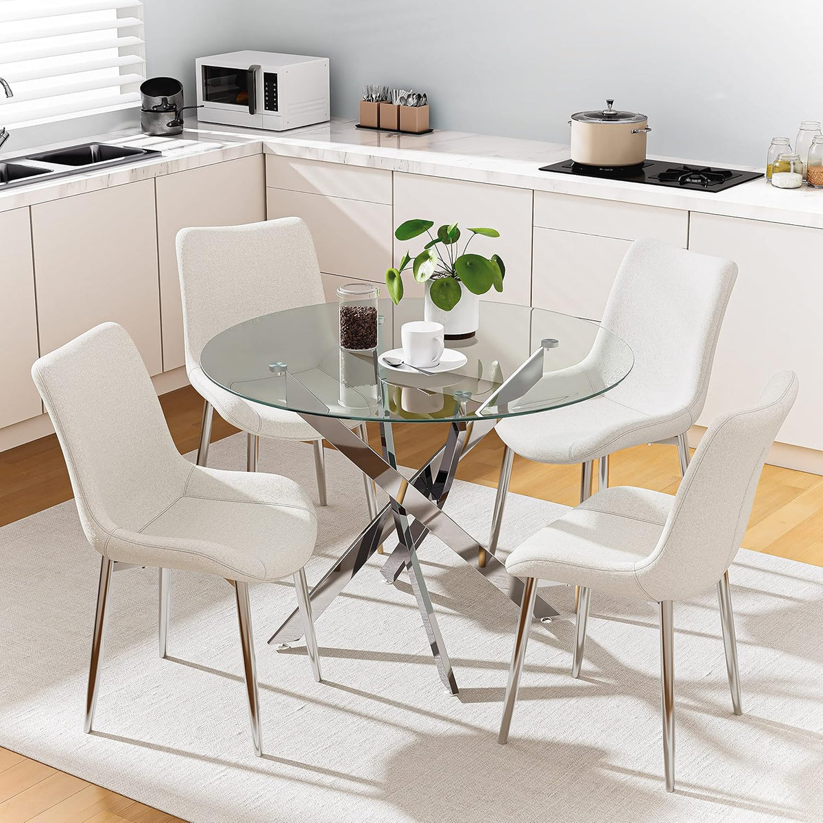 Round Tempered Glass Dining Table for 2-4 with Chromed Legs, 35.5 in Modern Small Kitchen Table for Kitchen Dining Room (White/Silver)