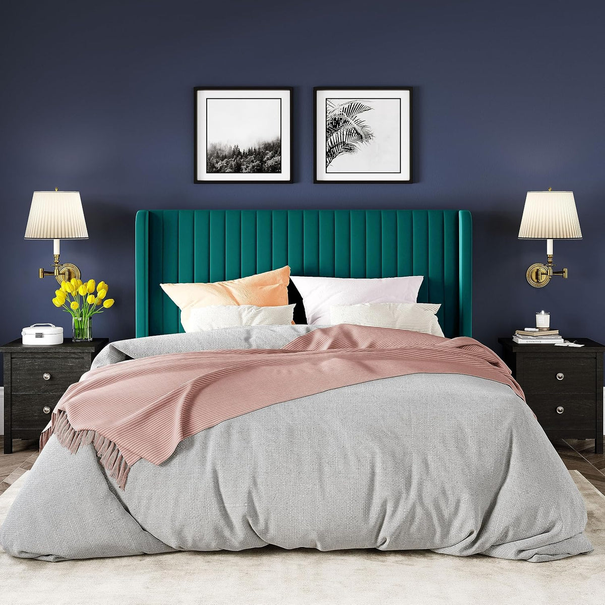 Allewie Full Size Bed Frame/Velvet Upholstered Platform Bed/Vertical Channel Tufted Wingback Headboard/Strong Wooden Slats/No Box Spring Needed/Easy Assembly/Teal