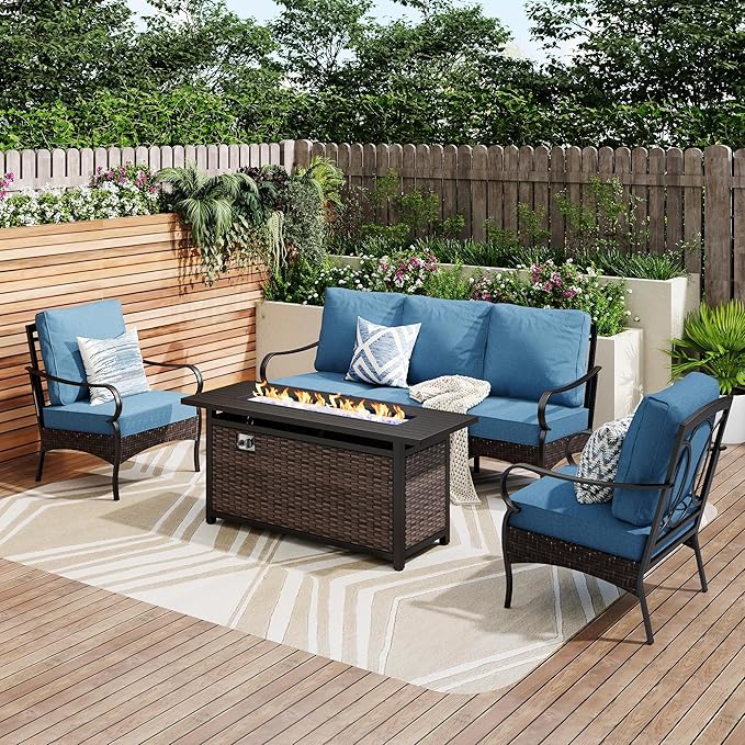Patio Furniture Set with 56" Fire Pit Table, Premium Outdoor Wicker Metal Frame Furniture with Upgraded Waterproof Thick Cushions for Porch, Poolside, Deck, and Yard （4 Pieces,Navy