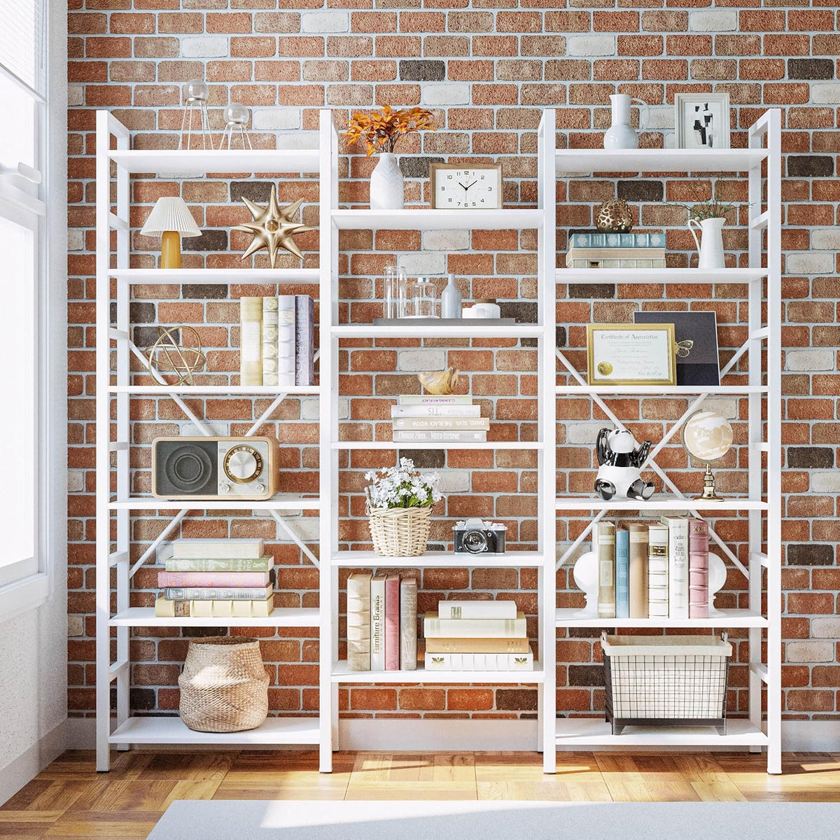 IRONCK Bookshelves 6 Tiers Triple Wide Industrial Bookshelf, Large Etagere Bookshelf Open Display Shelves with Metal Frame for Living Room Bedroom Home Office