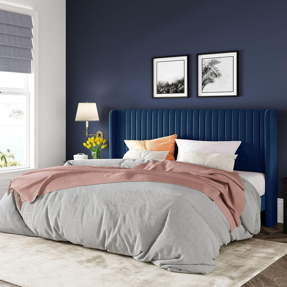Allewie King Size Velvet Bed Frame/Vertical Channel Tufted Wingback Headboard/Upholstered Platform Bed/Strong Wooden Slats/No Box Spring Needed/Easy Assembly/Blue