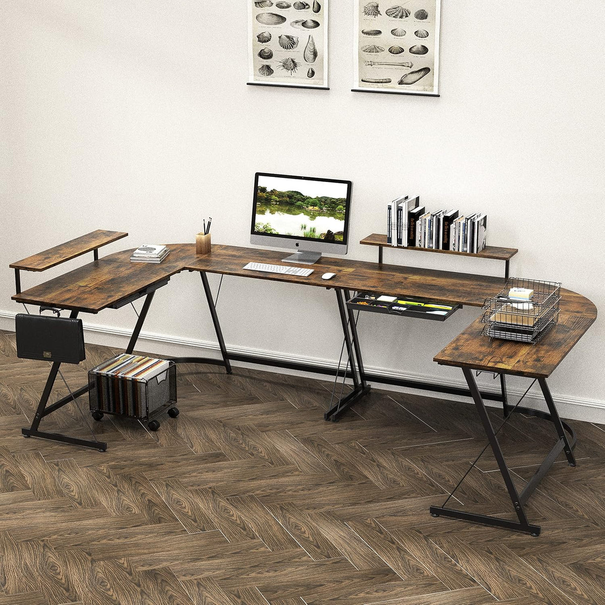 SHW 51 x 51 Inches Vista L-Shaped Desk with Monitor Stand and Drawer, Rustic Brown