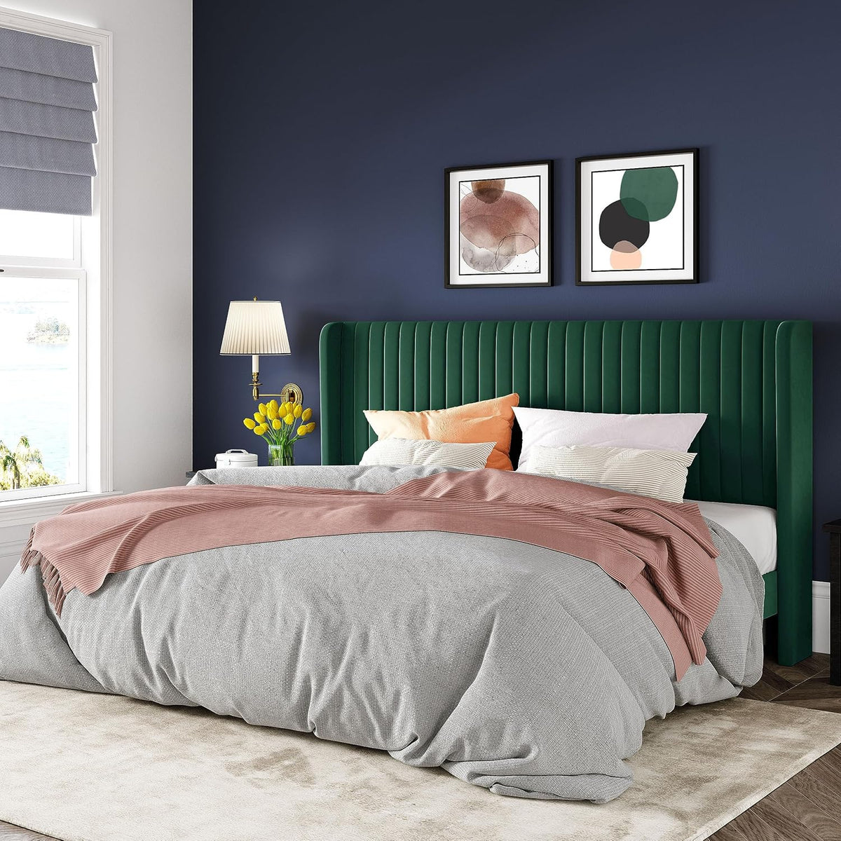 Allewie King Size Bed Frame/Velvet Upholstered Platform Bed/Vertical Channel Tufted Wingback Headboard/Strong Wooden Slats/No Box Spring Needed/Easy Assembly/Green