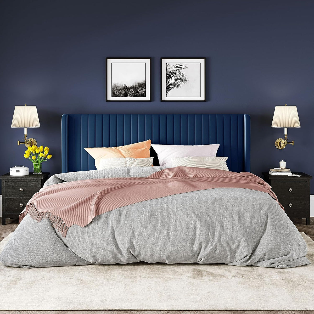 Allewie King Size Velvet Bed Frame/Vertical Channel Tufted Wingback Headboard/Upholstered Platform Bed/Strong Wooden Slats/No Box Spring Needed/Easy Assembly/Blue