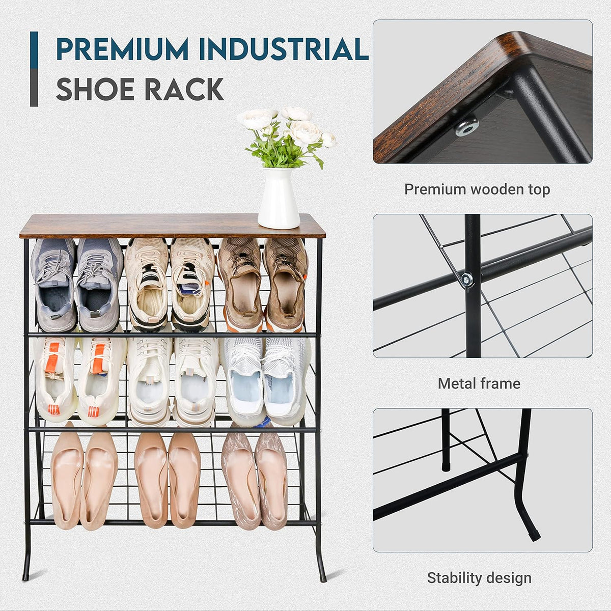 Narrow Shoe Rack for Front Door Entrance,4-Tier Shoes Rack Storage Organizer with 3 Slanted Shelves and Top Shelf for Entryway,Skinny Space Saving Shoe Rack, Black