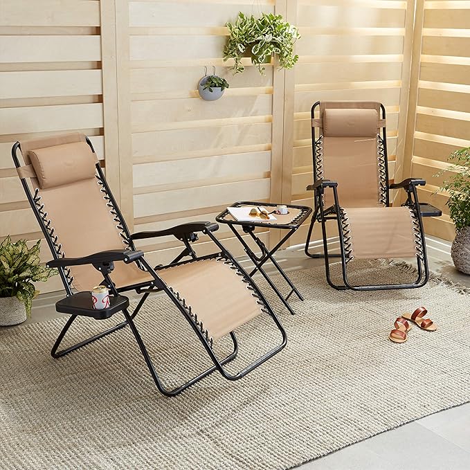 Amazon Basics Outdoor Patio Mesh Adjustable Zero Gravity Lounge Chair Recliners set of 2 with Side Table, 35 x 26 x 43 inches, Beige